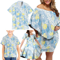 Anthurium Plumeria Lei Pastel Family Matching Off Shoulder Short Dress and Hawaiian Shirt Blue Hawaiian Splendid Palaka LT01 - Polynesian Pride