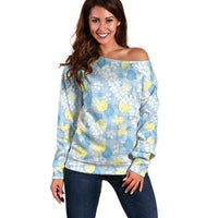 Anthurium Plumeria Lei Pastel Off Shoulder Sweater Blue Hawaiian Splendid Palaka