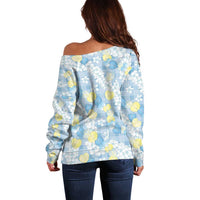 Anthurium Plumeria Lei Pastel Off Shoulder Sweater Blue Hawaiian Splendid Palaka