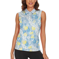 Anthurium Plumeria Lei Pastel Women Sleeveless Polo Shirt Blue Hawaiian Splendid Palaka LT01 - Polynesian Pride
