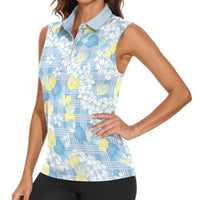 Anthurium Plumeria Lei Pastel Women Sleeveless Polo Shirt Blue Hawaiian Splendid Palaka LT01 - Polynesian Pride