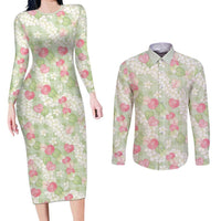 Anthurium Plumeria Lei Pastel Couples Matching Long Sleeve Bodycon Dress and Long Sleeve Button Shirt Green Hawaiian Splendid Palaka LT01 Green - Polynesian Pride