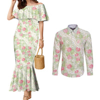 Anthurium Plumeria Lei Pastel Couples Matching Mermaid Dress and Long Sleeve Button Shirt Green Hawaiian Splendid Palaka LT01 Green - Polynesian Pride