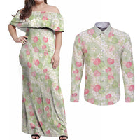 Anthurium Plumeria Lei Pastel Couples Matching Off Shoulder Maxi Dress and Long Sleeve Button Shirt Green Hawaiian Splendid Palaka LT01 Green - Polynesian Pride