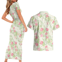 Anthurium Plumeria Lei Pastel Couples Matching Short Sleeve Bodycon Dress and Hawaiian Shirt Green Hawaiian Splendid Palaka LT01 - Polynesian Pride
