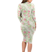 Anthurium Plumeria Lei Pastel Long Sleeve Bodycon Dress Green Hawaiian Splendid Palaka