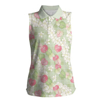 Anthurium Plumeria Lei Pastel Women Sleeveless Polo Shirt Green Hawaiian Splendid Palaka LT01 Female Green - Polynesian Pride