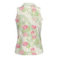Anthurium Plumeria Lei Pastel Women Sleeveless Polo Shirt Green Hawaiian Splendid Palaka LT01 - Polynesian Pride
