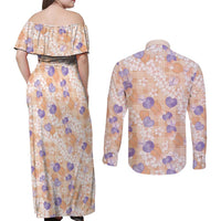 Anthurium Plumeria Lei Pastel Couples Matching Off Shoulder Maxi Dress and Long Sleeve Button Shirt Orange Hawaiian Splendid Palaka LT01 - Polynesian Pride