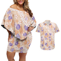 Anthurium Plumeria Lei Pastel Couples Matching Off Shoulder Short Dress and Hawaiian Shirt Orange Hawaiian Splendid Palaka LT01 Orange - Polynesian Pride