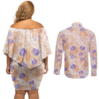 Anthurium Plumeria Lei Pastel Couples Matching Off Shoulder Short Dress and Long Sleeve Button Shirt Orange Hawaiian Splendid Palaka LT01 - Polynesian Pride