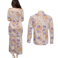 Anthurium Plumeria Lei Pastel Couples Matching Puletasi and Long Sleeve Button Shirt Orange Hawaiian Splendid Palaka