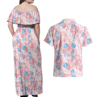 Anthurium Plumeria Lei Pastel Couples Matching Off Shoulder Maxi Dress and Hawaiian Shirt Pink Hawaiian Splendid Palaka LT01 - Polynesian Pride