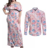 Anthurium Plumeria Lei Pastel Couples Matching Off Shoulder Maxi Dress and Long Sleeve Button Shirt Pink Hawaiian Splendid Palaka LT01 Pink - Polynesian Pride