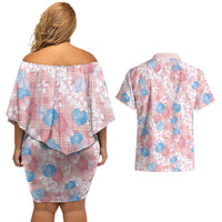 Anthurium Plumeria Lei Pastel Couples Matching Off Shoulder Short Dress and Hawaiian Shirt Pink Hawaiian Splendid Palaka LT01 - Polynesian Pride