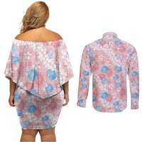 Anthurium Plumeria Lei Pastel Couples Matching Off Shoulder Short Dress and Long Sleeve Button Shirt Pink Hawaiian Splendid Palaka LT01 - Polynesian Pride