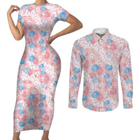 Anthurium Plumeria Lei Pastel Couples Matching Short Sleeve Bodycon Dress and Long Sleeve Button Shirt Pink Hawaiian Splendid Palaka LT01 Pink - Polynesian Pride