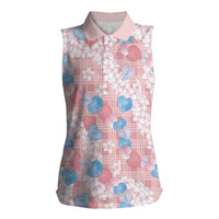 Anthurium Plumeria Lei Pastel Women Sleeveless Polo Shirt Pink Hawaiian Splendid Palaka LT01 Female Pink - Polynesian Pride