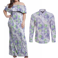 Anthurium Plumeria Lei Pastel Couples Matching Off Shoulder Maxi Dress and Long Sleeve Button Shirt Purple Hawaiian Splendid Palaka LT01 Purple - Polynesian Pride