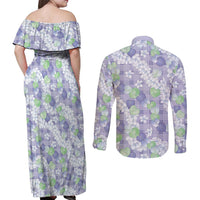 Anthurium Plumeria Lei Pastel Couples Matching Off Shoulder Maxi Dress and Long Sleeve Button Shirt Purple Hawaiian Splendid Palaka LT01 - Polynesian Pride