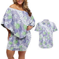 Anthurium Plumeria Lei Pastel Couples Matching Off Shoulder Short Dress and Hawaiian Shirt Purple Hawaiian Splendid Palaka LT01 Purple - Polynesian Pride
