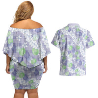 Anthurium Plumeria Lei Pastel Couples Matching Off Shoulder Short Dress and Hawaiian Shirt Purple Hawaiian Splendid Palaka LT01 - Polynesian Pride