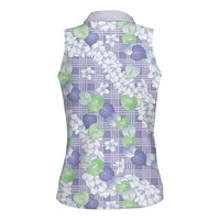 Anthurium Plumeria Lei Pastel Women Sleeveless Polo Shirt Purple Hawaiian Splendid Palaka LT01 - Polynesian Pride