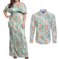 Anthurium Plumeria Lei Pastel Couples Matching Off Shoulder Maxi Dress and Long Sleeve Button Shirt Teal Hawaiian Splendid Palaka LT01 Teal - Polynesian Pride