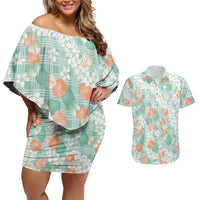 Anthurium Plumeria Lei Pastel Couples Matching Off Shoulder Short Dress and Hawaiian Shirt Teal Hawaiian Splendid Palaka LT01 Teal - Polynesian Pride