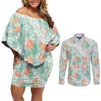 Anthurium Plumeria Lei Pastel Couples Matching Off Shoulder Short Dress and Long Sleeve Button Shirt Teal Hawaiian Splendid Palaka LT01 Teal - Polynesian Pride