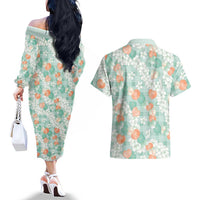 Anthurium Plumeria Lei Pastel Couples Matching Off The Shoulder Long Sleeve Dress and Hawaiian Shirt Teal Hawaiian Splendid Palaka LT01 - Polynesian Pride