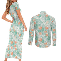 Anthurium Plumeria Lei Pastel Couples Matching Short Sleeve Bodycon Dress and Long Sleeve Button Shirt Teal Hawaiian Splendid Palaka LT01 - Polynesian Pride