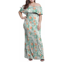 Anthurium Plumeria Lei Pastel Family Matching Off Shoulder Maxi Dress and Hawaiian Shirt Teal Hawaiian Splendid Palaka LT01 Mom's Dress Teal - Polynesian Pride