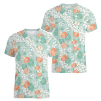 Anthurium Plumeria Lei Pastel Women V-Neck T-Shirt Teal Hawaiian Splendid Palaka LT01 - Polynesian Pride
