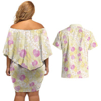 Anthurium Plumeria Lei Pastel Couples Matching Off Shoulder Short Dress and Hawaiian Shirt Yellow Hawaiian Splendid Palaka LT01 - Polynesian Pride