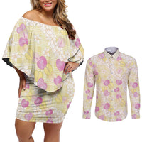 Anthurium Plumeria Lei Pastel Couples Matching Off Shoulder Short Dress and Long Sleeve Button Shirt Yellow Hawaiian Splendid Palaka LT01 Yellow - Polynesian Pride