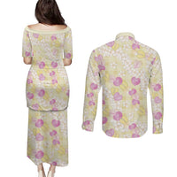 Anthurium Plumeria Lei Pastel Couples Matching Puletasi and Long Sleeve Button Shirt Yellow Hawaiian Splendid Palaka