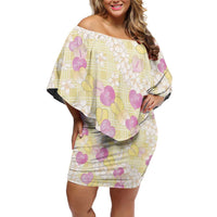 Anthurium Plumeria Lei Pastel Family Matching Off Shoulder Short Dress and Hawaiian Shirt Yellow Hawaiian Splendid Palaka LT01 Mom's Dress Yellow - Polynesian Pride