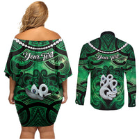 Personalised Maori Matariki Manaia Kakariki Couples Matching Off Shoulder Short Dress and Long Sleeve Button Shirt Maori Kowhaiwhai Pattern Galaxy LT01 - Polynesian Pride