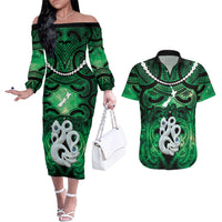 Personalised Maori Matariki Manaia Kakariki Couples Matching Off The Shoulder Long Sleeve Dress and Hawaiian Shirt Maori Kowhaiwhai Pattern Galaxy LT01 Green - Polynesian Pride