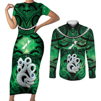 Personalised Maori Matariki Manaia Kakariki Couples Matching Short Sleeve Bodycon Dress and Long Sleeve Button Shirt Maori Kowhaiwhai Pattern Galaxy LT01 Green - Polynesian Pride
