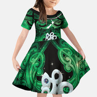 Personalised Maori Matariki Manaia Kakariki Family Matching Mermaid Dress and Hawaiian Shirt Maori Kowhaiwhai Pattern Galaxy LT01 Daughter's Dress Green - Polynesian Pride