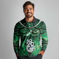 Personalised Maori Matariki Manaia Kakariki Long Sleeve Polo Shirt Maori Kowhaiwhai Pattern Galaxy