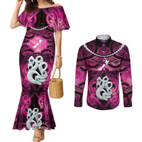 Personalised Maori Matariki Manaia Mawhero Couples Matching Mermaid Dress and Long Sleeve Button Shirt Maori Kowhaiwhai Pattern Galaxy LT01 Pink - Polynesian Pride