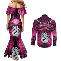 Personalised Maori Matariki Manaia Mawhero Couples Matching Mermaid Dress and Long Sleeve Button Shirt Maori Kowhaiwhai Pattern Galaxy LT01 - Polynesian Pride