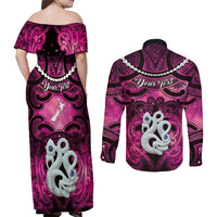 Personalised Maori Matariki Manaia Mawhero Couples Matching Off Shoulder Maxi Dress and Long Sleeve Button Shirt Maori Kowhaiwhai Pattern Galaxy LT01 - Polynesian Pride