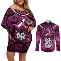 Personalised Maori Matariki Manaia Mawhero Couples Matching Off Shoulder Short Dress and Long Sleeve Button Shirt Maori Kowhaiwhai Pattern Galaxy LT01 Pink - Polynesian Pride