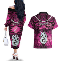 Personalised Maori Matariki Manaia Mawhero Couples Matching Off The Shoulder Long Sleeve Dress and Hawaiian Shirt Maori Kowhaiwhai Pattern Galaxy LT01 - Polynesian Pride