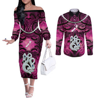 Personalised Maori Matariki Manaia Mawhero Couples Matching Off The Shoulder Long Sleeve Dress and Long Sleeve Button Shirt Maori Kowhaiwhai Pattern Galaxy LT01 Pink - Polynesian Pride