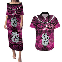 Personalised Maori Matariki Manaia Mawhero Couples Matching Puletasi and Hawaiian Shirt Maori Kowhaiwhai Pattern Galaxy LT01 Pink - Polynesian Pride